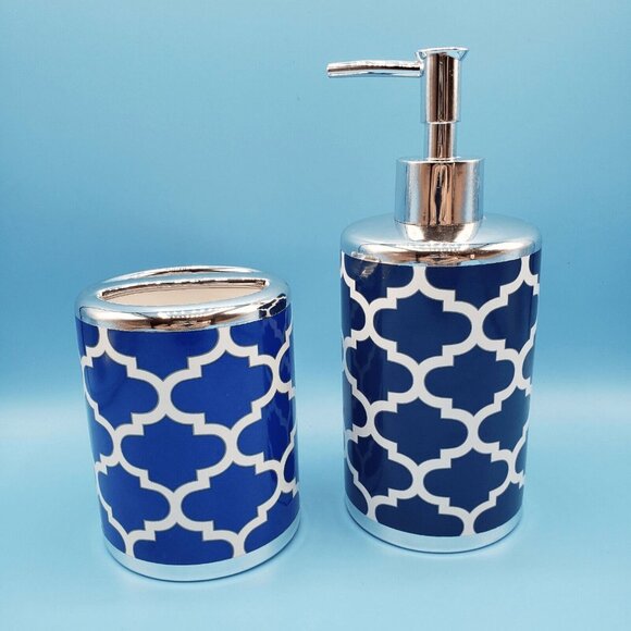 4-Piece Frework Bathroom Set Blue Waste Basket Lotion Tooth Brush Holders S Hook - Picture 4 of 11